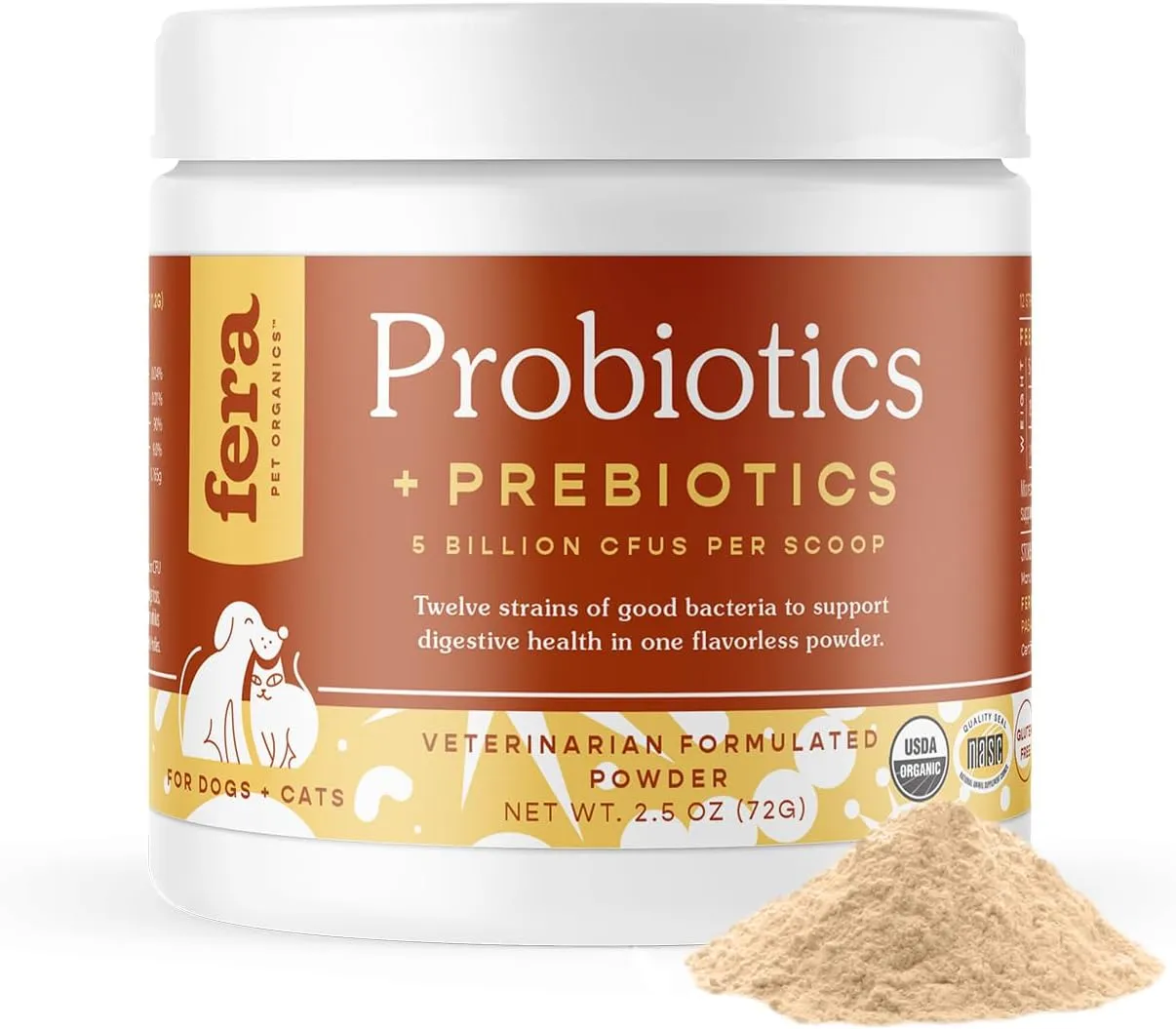 Fera Pet Organics Probiotics for Dogs & Cats - Vet Created - Cat & Dog Probiotic Supplement - 12 Strains & Prebiotics for Pets Digestion - 60 Scoops