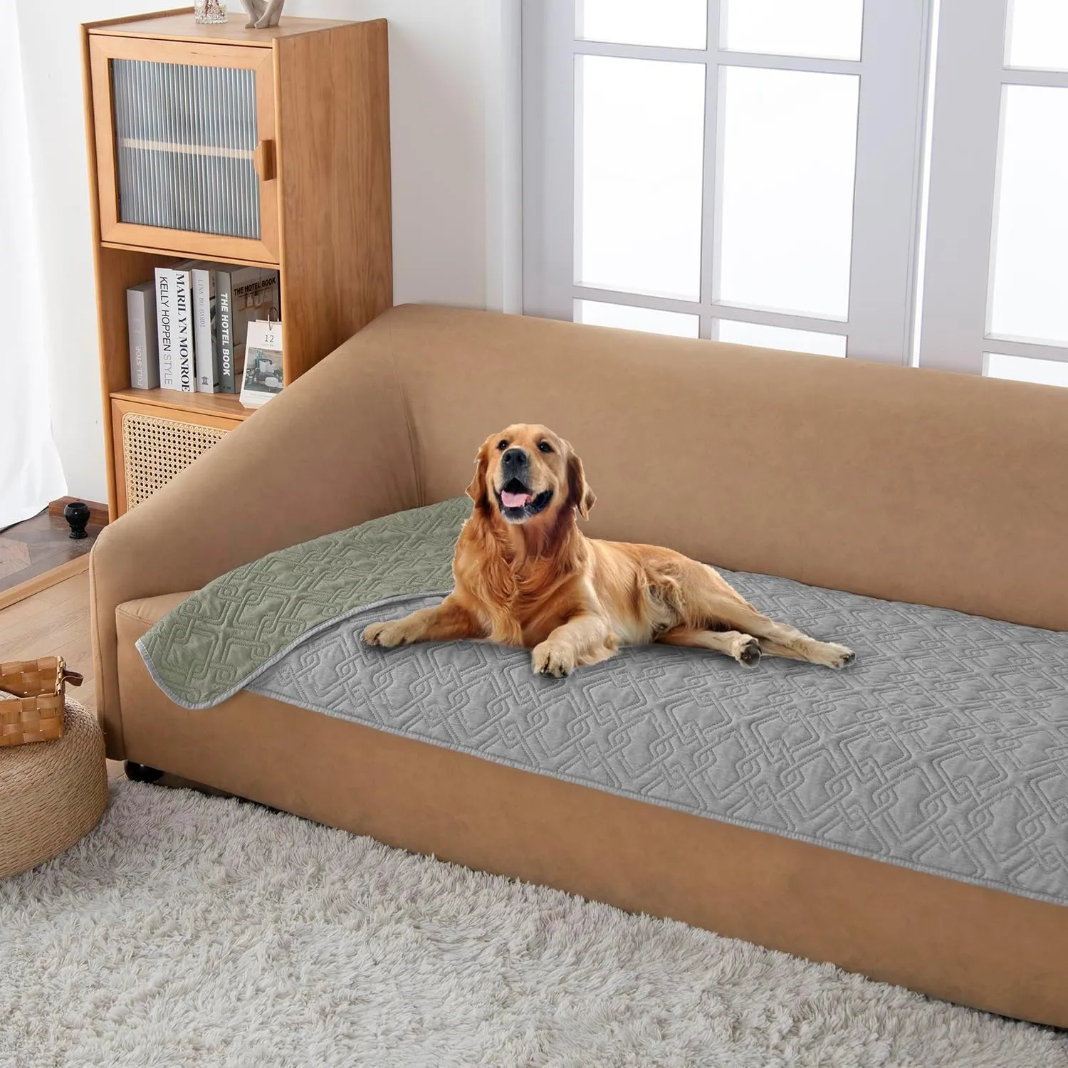 fuguitex Waterproof Dog Bed Cover Dog Blanket for Pet Furniture Bed Couch Sofa Reversible Linen Texture(30"*70",Pea Green Light Grey)