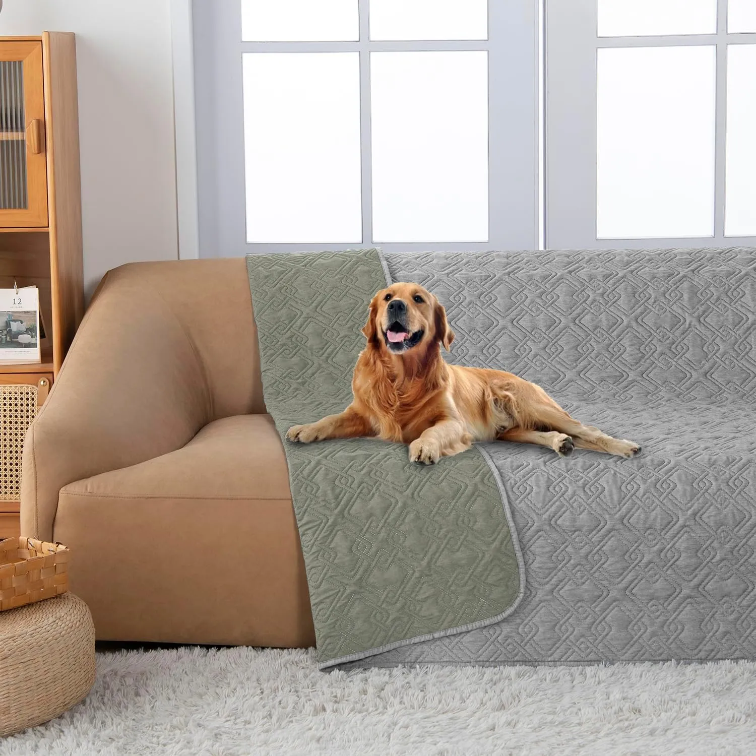 fuguitex Waterproof Dog Bed Cover Dog Blanket for Pet Furniture Bed Couch Sofa Reversible Linen Texture(30"*70",Pea Green Light Grey)