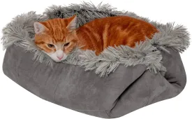 Furhaven Self-Warming Cat Bed for Indoor Cats, 4-Beds-in-1 & Washable - Plush Long Faux Fur Convertible Cuddler - Gray, Small