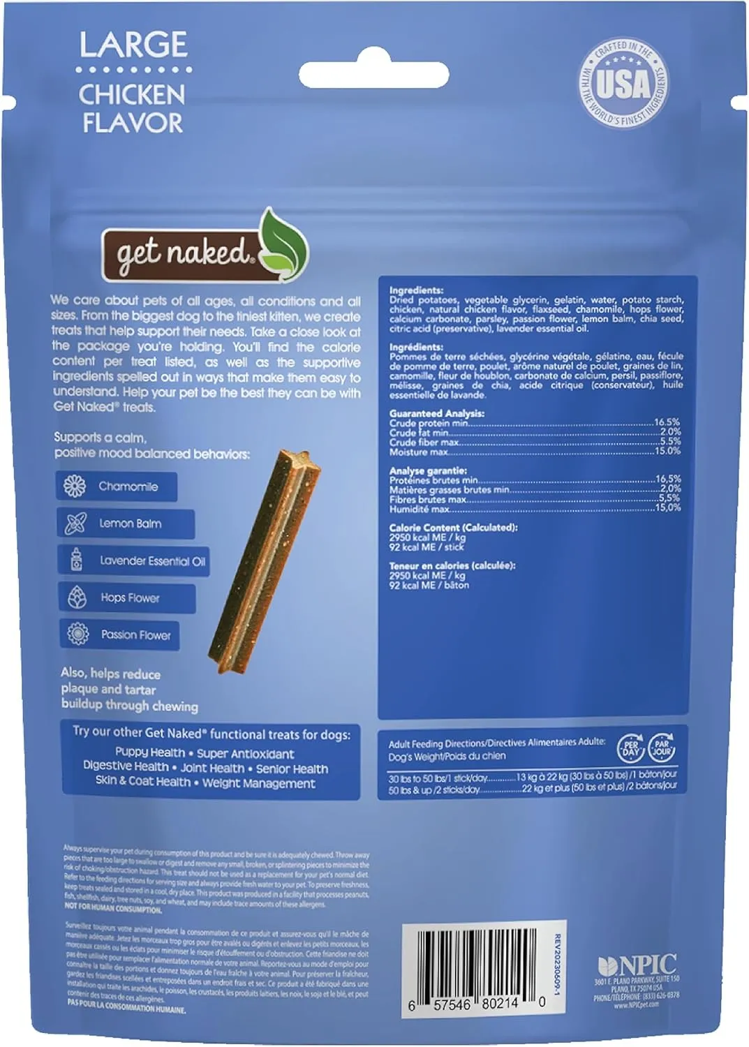 Get Naked Calming Dental Sticks for Dogs  Grain-Free Chicken Flavor, Anxiety Relief with Chamomile, Passion Flower, No CBD, Tartar Control, Gluten-Free  Large Sticks 6.6 oz Bag