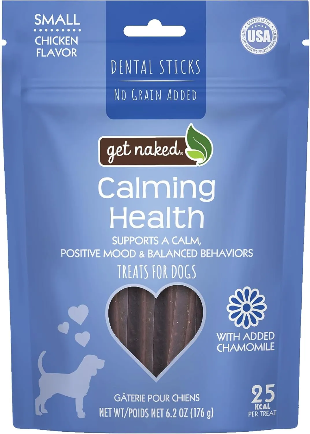 Get Naked Calming Dental Sticks for Dogs  Grain-Free Chicken Flavor, Anxiety Relief with Chamomile, Passion Flower, No CBD, Tartar Control, Gluten-Free  Small Sticks 6.2 oz Bag