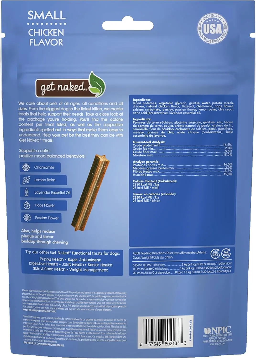 Get Naked Calming Dental Sticks for Dogs  Grain-Free Chicken Flavor, Anxiety Relief with Chamomile, Passion Flower, No CBD, Tartar Control, Gluten-Free  Small Sticks 6.2 oz Bag