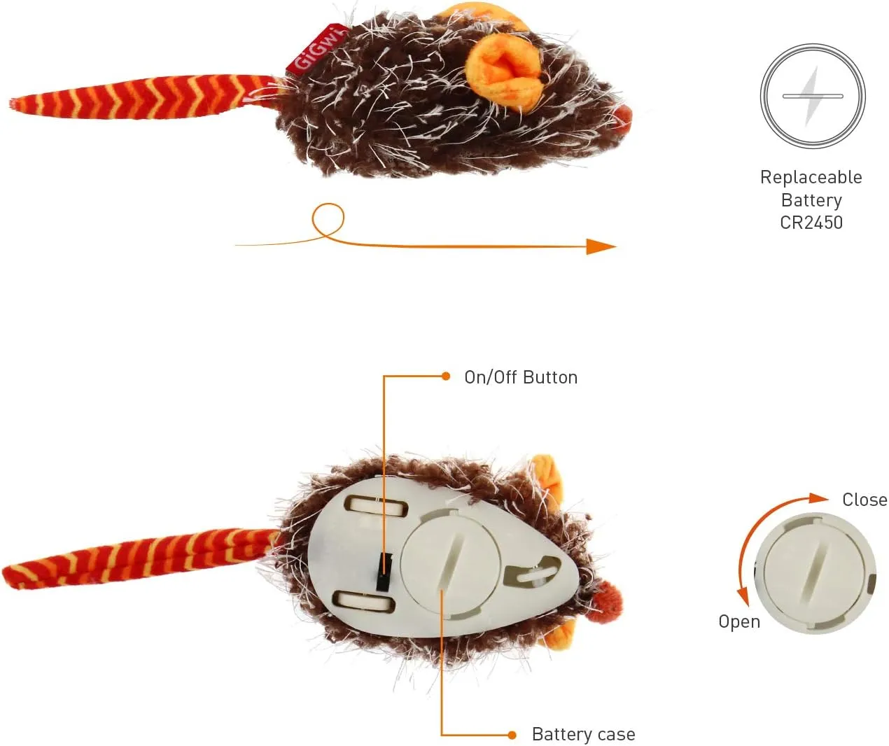 Gigwi Interactive Cat Toy Moving Mouse, Automatic Cat Toy Mice Electronic with Furry Tail, Squeaky Cat Toys for Indoor Cats/Outdoor Exercise (Orange Ear)