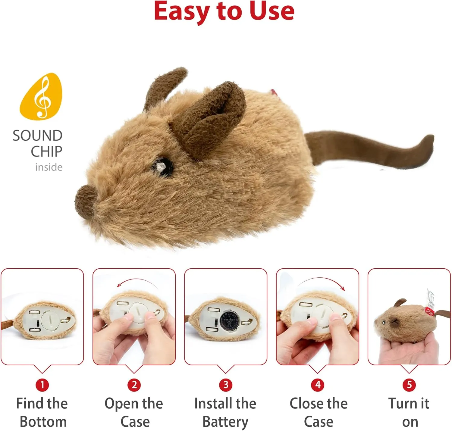 Gigwi Interactive Cat Toys for Indoor Cats, Cat Mouse Toys with Electronic Realistic Squeaky Sound, Automatic Moving Kitten Toys Electric Mice Toy Self Play Exercise(Brown Ear)
