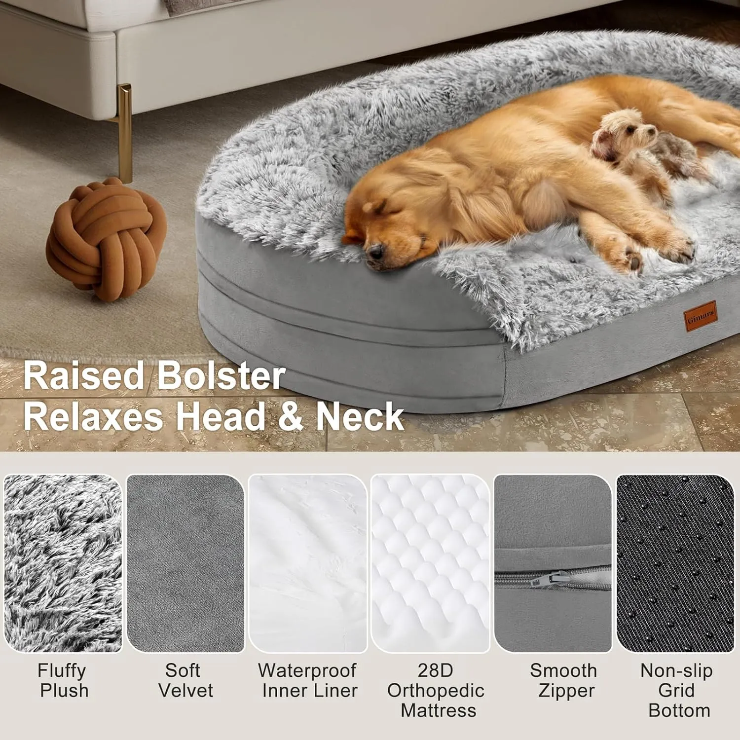 Gimars 3.7in Ultra Thick Orthopedic Dog Beds for Large Dogs,Soft Egg Foam Dog Sofa Bed, 28D Crate Foam Washable Cover, Waterproof Lining Supportive Half-Round for Aging Dogs 41.3x32.6x7.7in