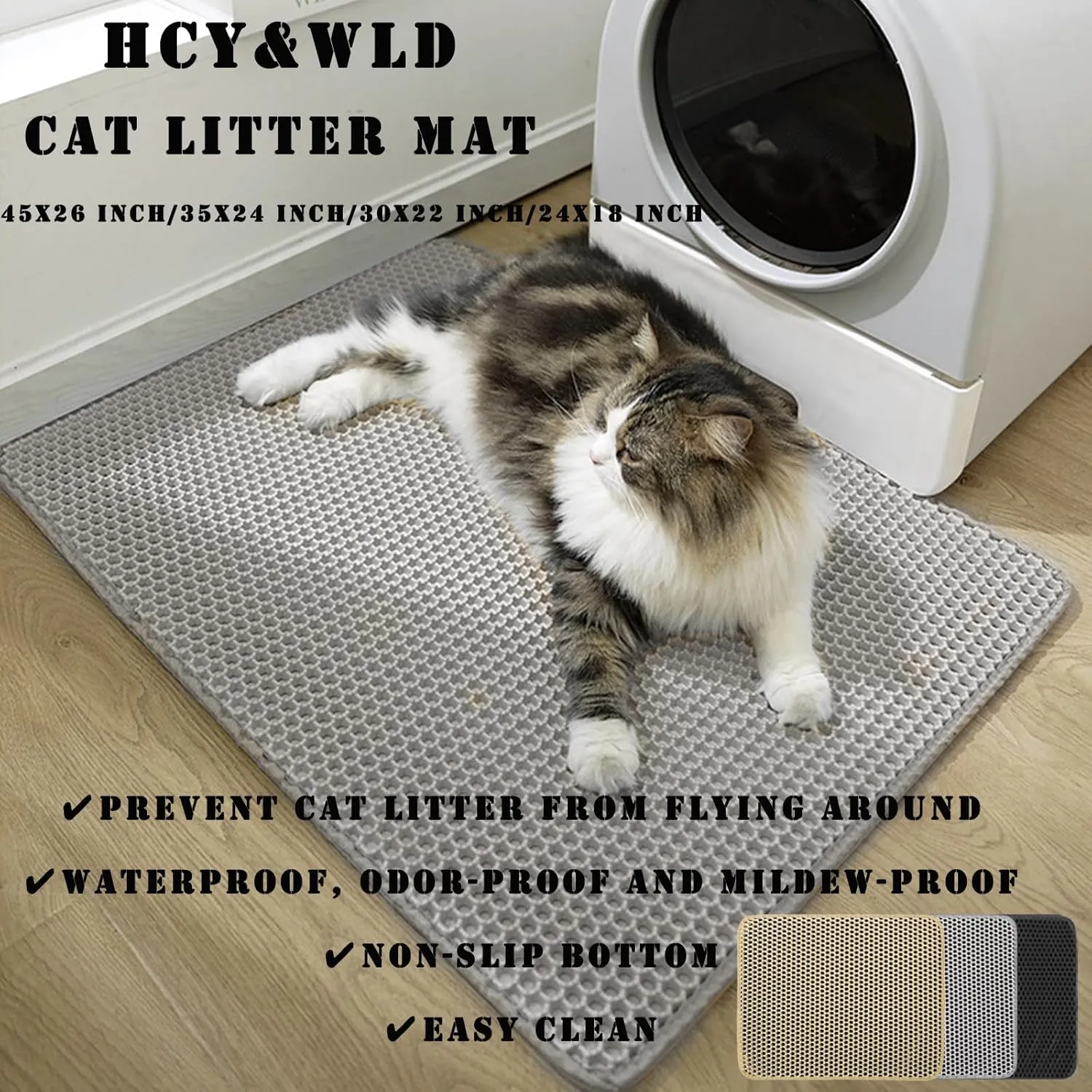 HCY&WLD Cat Litter Mat, 45x26/35x24/30x22/24x18 Inch Double Layer Cat Litter Box Mat, EVA Non-Slip, Waterproof Urine Proof Cat Litter Catcher Mat, Easy Clean Scatter Control (30x22 Inch, Khaki)