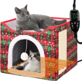 Heated Cat Bed for Indoor Cats, Foldable Cat House with Removable Heating Pad for Cats Small Dog Covered Cat Bed Cave Kitty Hideaway with with Scratch Pad, All Season Use