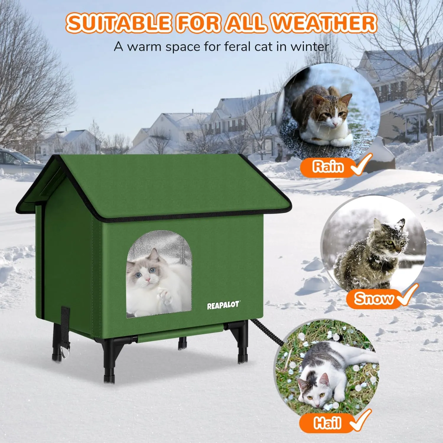 Heated Cat House for Outside Cat in Winter, Insulated Outdoor Feral Cat Shelter with Cat Heating Pad, Elevated Heated Kitty House, 100% Waterproof and Windproof - M