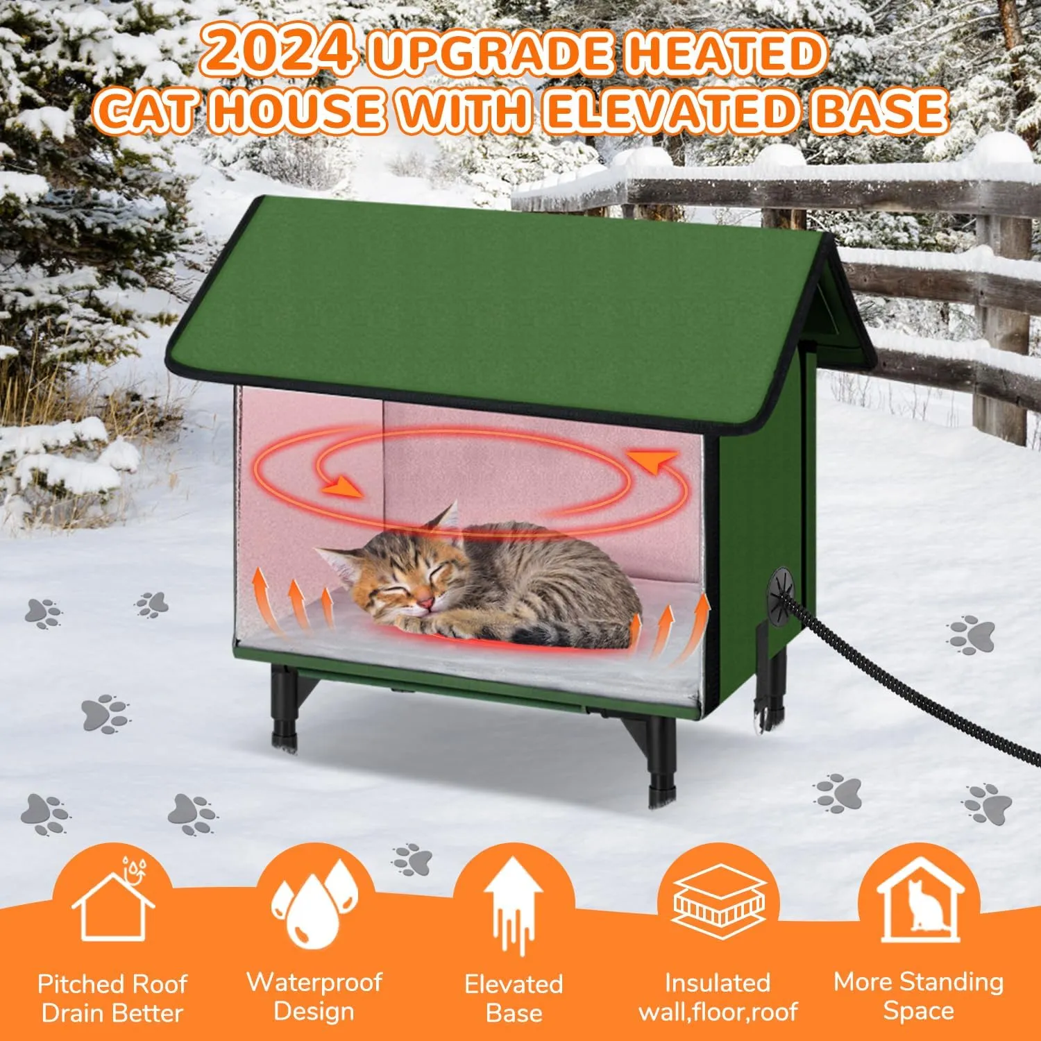 Heated Cat House for Outside Cat in Winter, Insulated Outdoor Feral Cat Shelter with Cat Heating Pad, Elevated Heated Kitty House, 100% Waterproof and Windproof - M
