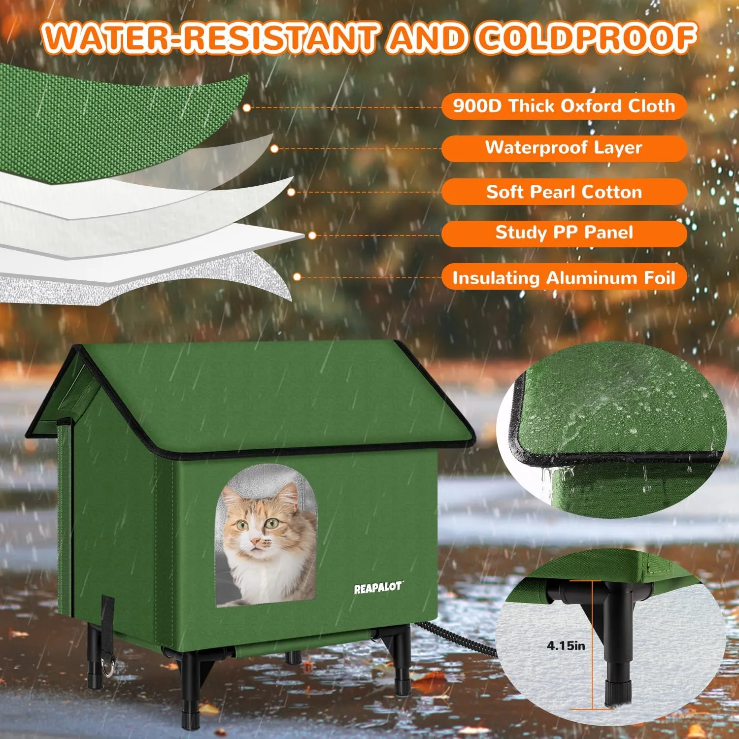 Heated Cat House for Outside Cat in Winter, Insulated Outdoor Feral Cat Shelter with Cat Heating Pad, Elevated Heated Kitty House, 100% Waterproof and Windproof - M