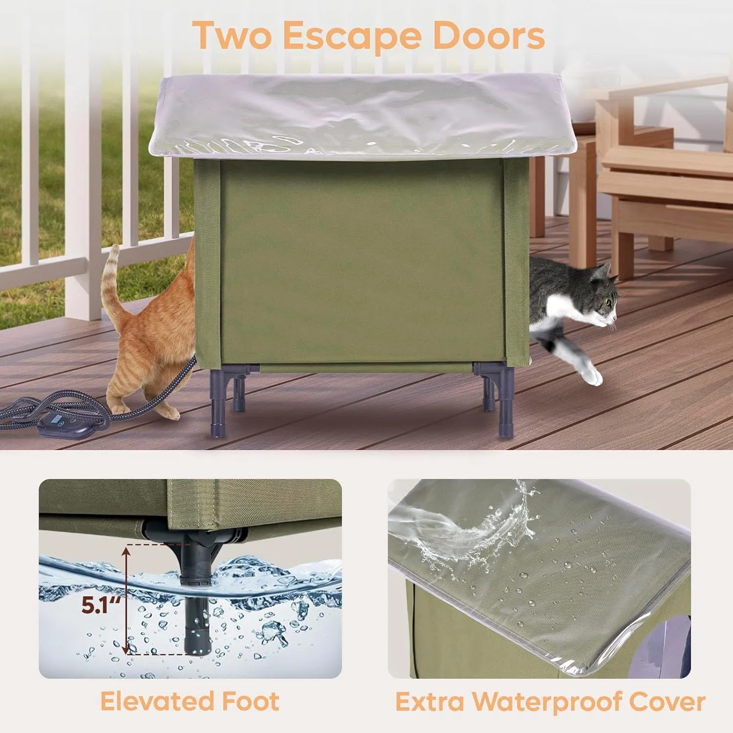 Heated Cat House for Outside, Insulated Weatherproof Outdoor Feral Cat House with Timer & Adjustable Temperature Heater Pad, Elevated Pet House with Escape Door for Winter, Barn, Porch