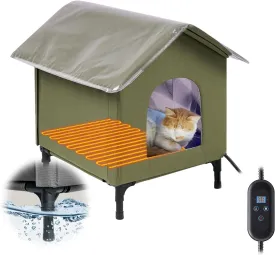 Heated Cat House for Outside, Insulated Weatherproof Outdoor Feral Cat House with Timer & Adjustable Temperature Heater Pad, Elevated Pet House with Escape Door for Winter, Barn, Porch