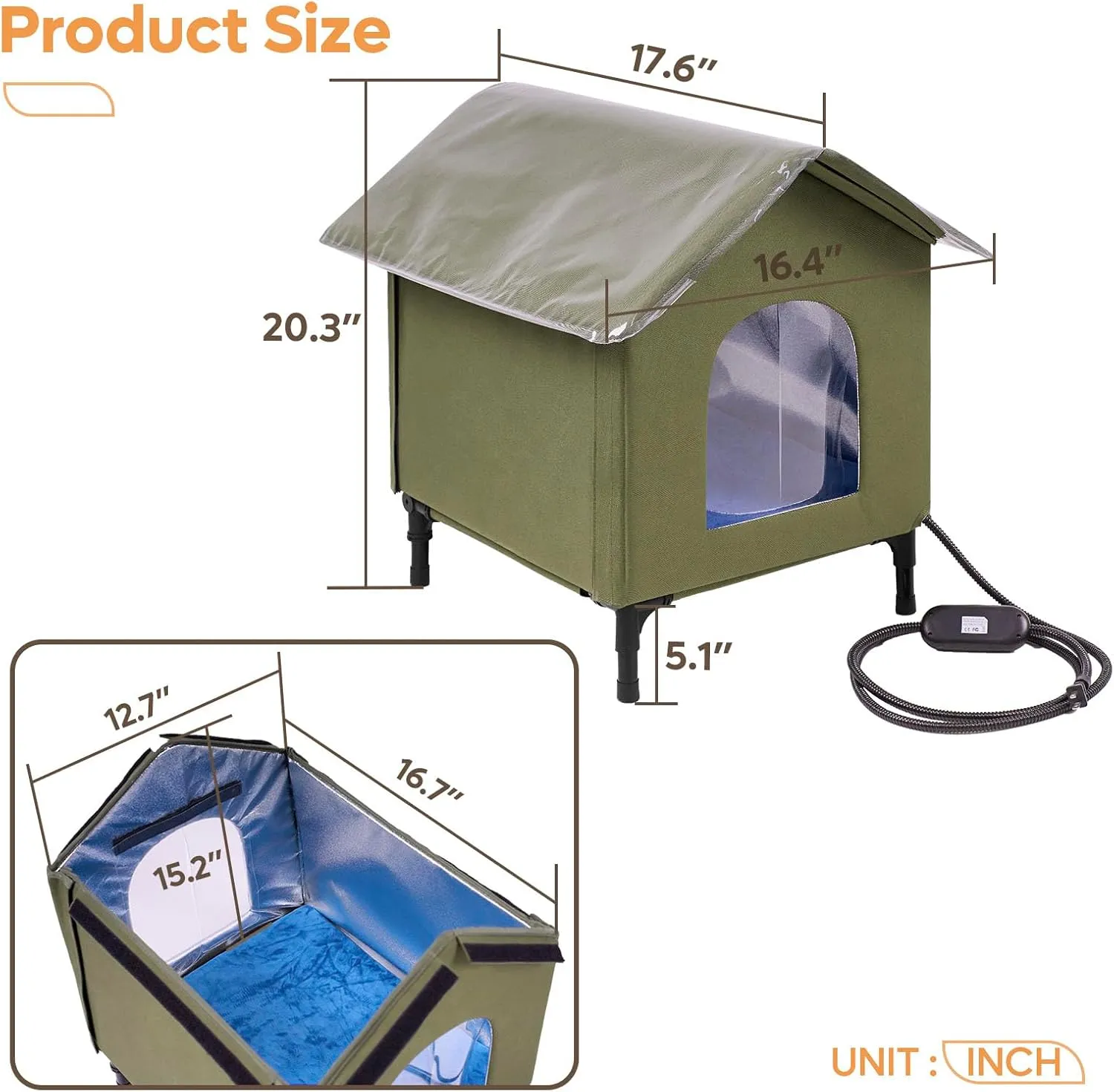 Heated Cat House for Outside, Insulated Weatherproof Outdoor Feral Cat House with Timer & Adjustable Temperature Heater Pad, Elevated Pet House with Escape Door for Winter, Barn, Porch