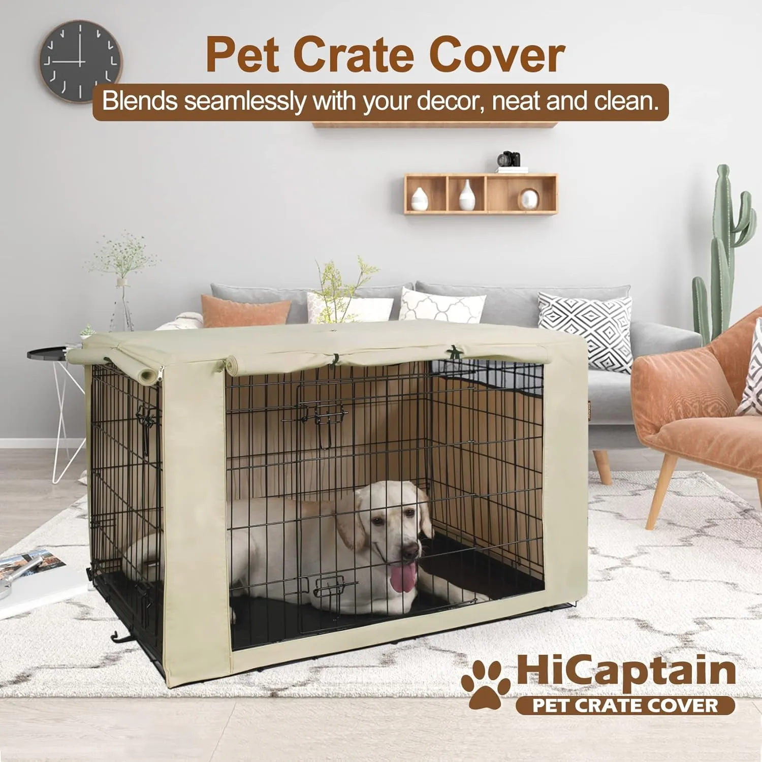 HiCaptain Polyester Dog Crate Cover - Durable Windproof Pet Kennel Cover for Wire Crate Indoor Outdoor Protection (42 inches, Light Tan)