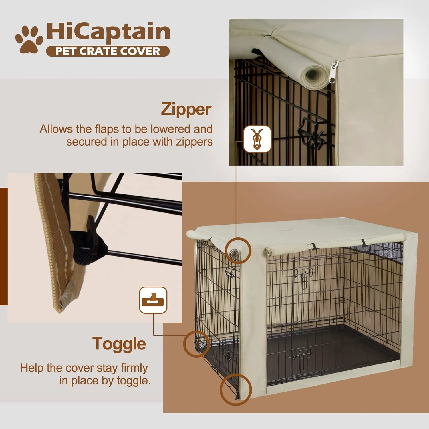 HiCaptain Polyester Dog Crate Cover - Durable Windproof Pet Kennel Cover for Wire Crate Indoor Outdoor Protection (42 inches, Light Tan)