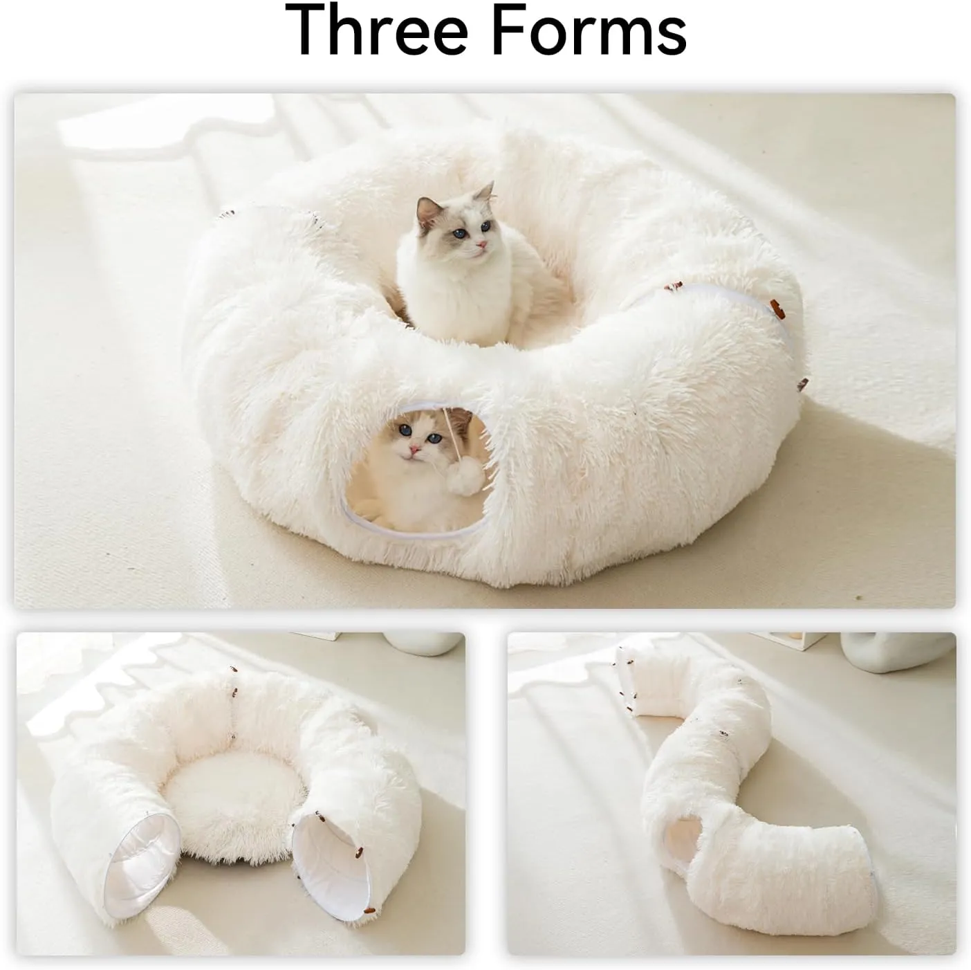 HIPIPET Winter Plush Cat Tunnel with Cat Bed for Indoor Cats,Multifunctional Cat Toys for Small Medium Large Cat.(White)
