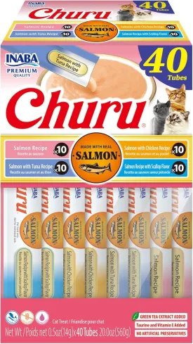 INABA Salmon Churu Cat Treats, Lickable, Squeezable Creamy Pure Cat Treat with Green Tea Extract & Taurine, 0.5 Ounces Each Tube, 40 Tubes, Salmon Variety Box