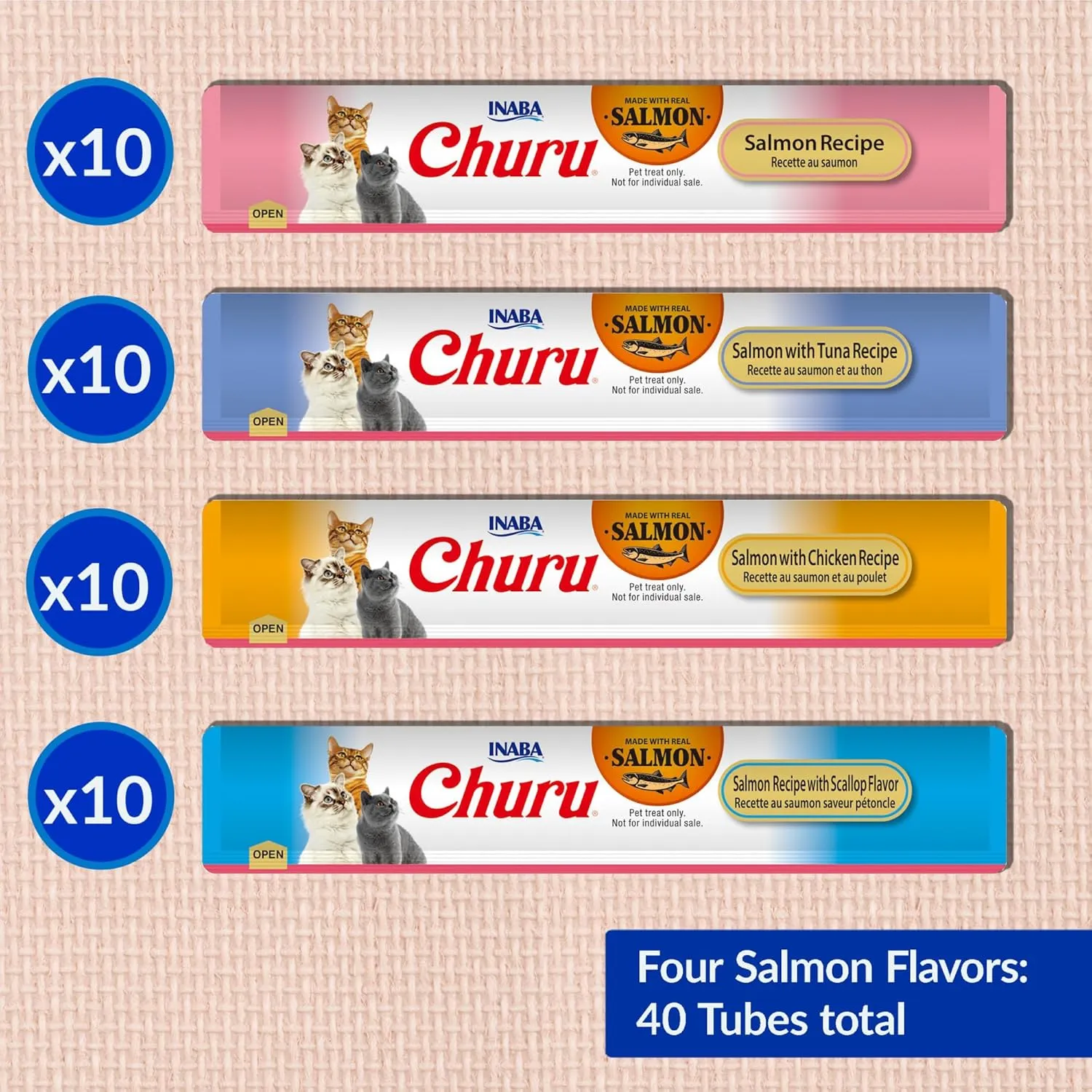 INABA Salmon Churu Cat Treats, Lickable, Squeezable Creamy Pure Cat Treat with Green Tea Extract & Taurine, 0.5 Ounces Each Tube, 40 Tubes, Salmon Variety Box