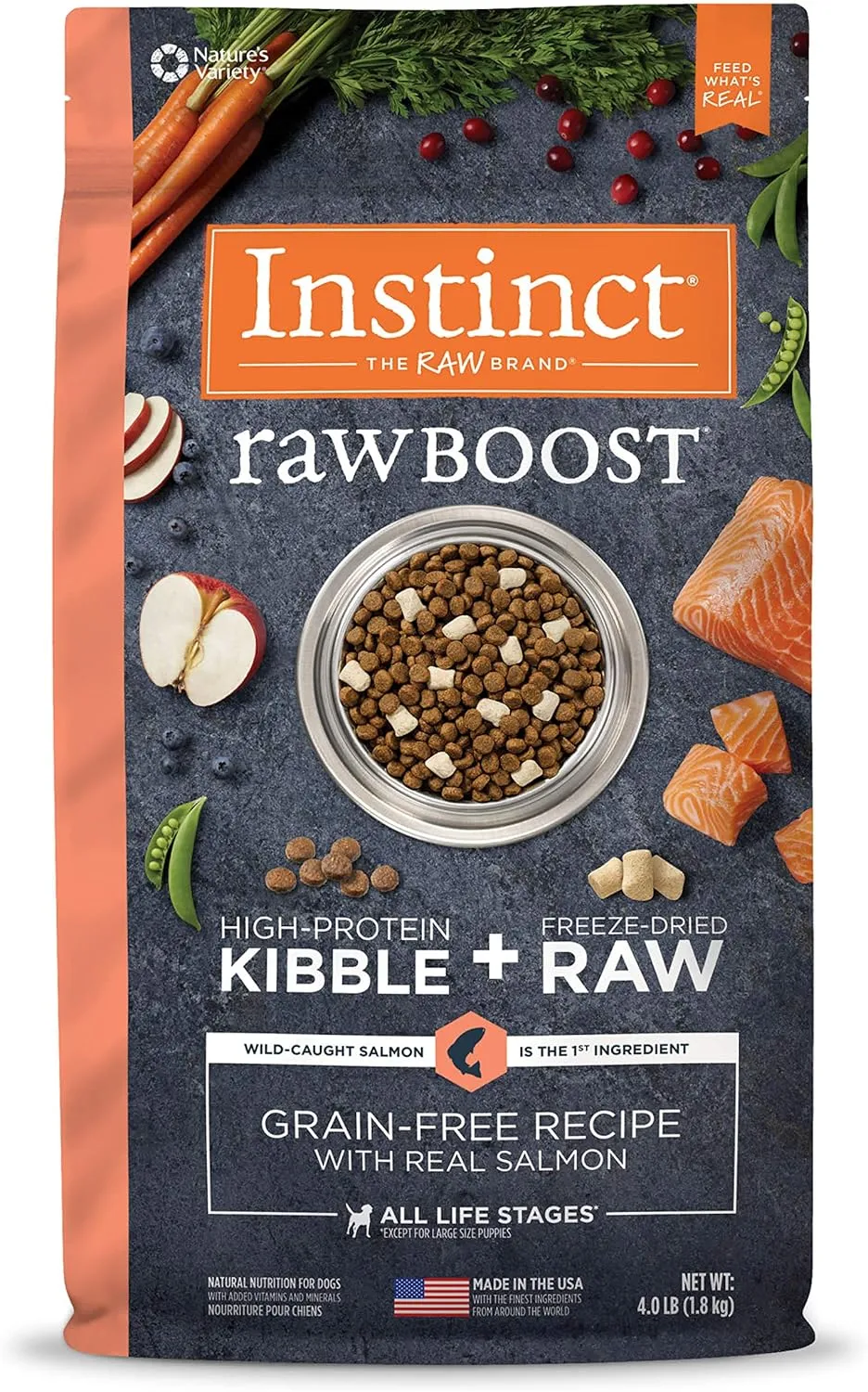 Instinct Raw Boost, Natural Dry Dog Food with Freeze Dried Pieces, High Protein, Grain Free Recipe - Real Salmon, 4 lb. Bag