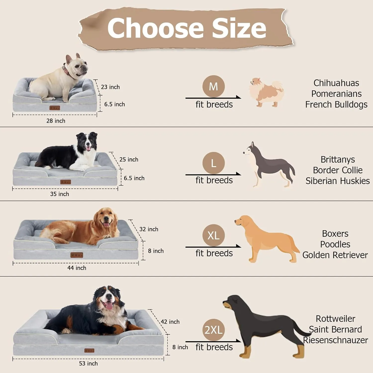 Jumbo Orthopedic Dog Beds for Extra Large Dogs- Waterproof Memory Foam Pet Couch Bed with Removable Washable Cover & Non-Slip Bottom, XXL Dog Sofa Bed (XXL, Grey)