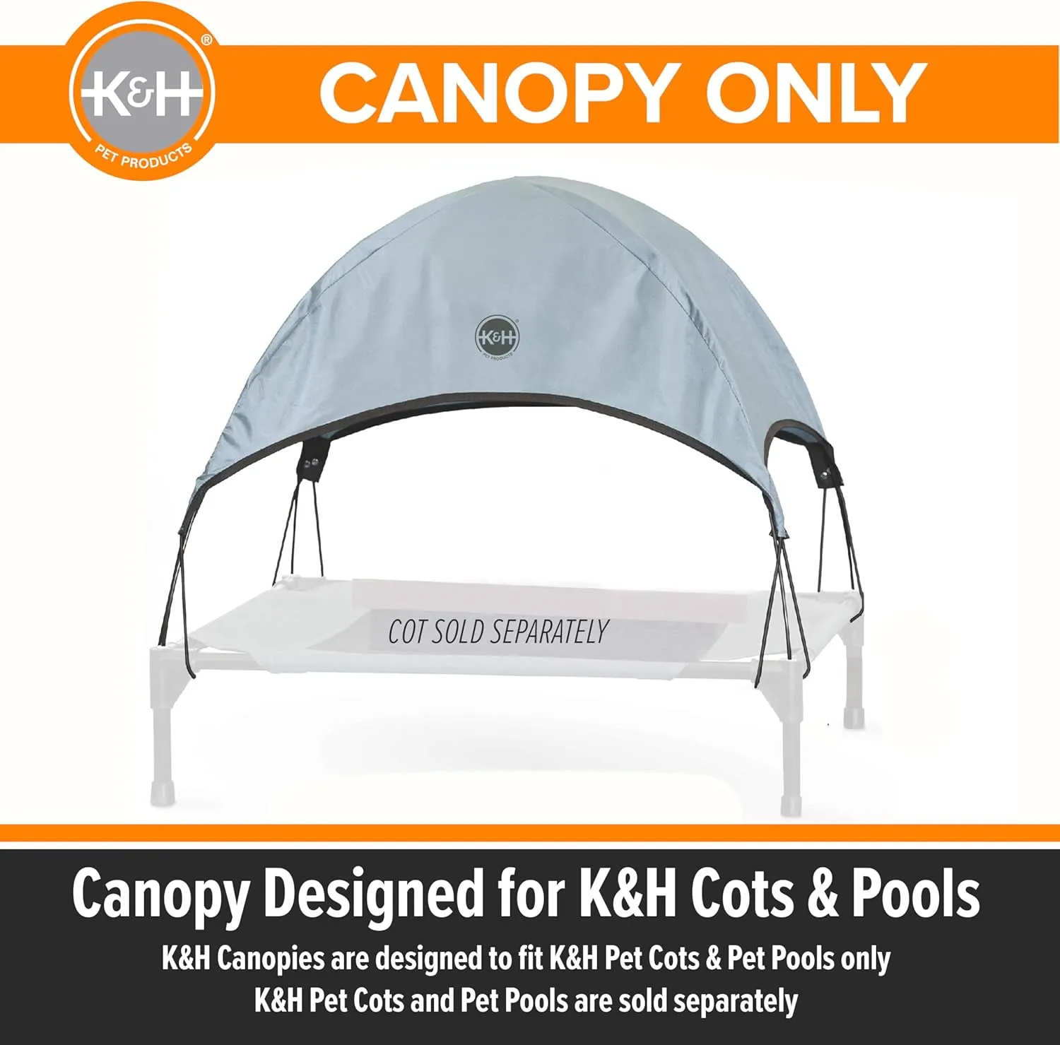 K&H Pet Products Outdoor Elevated Dog Cot Canopy, Cooling Sun Tent Shades Pets, Washable, Water-Resistant, Designed to Fit K&H Medium Elevated Dog Cots (Sold Separately) - Medium 32 X 25in Gray