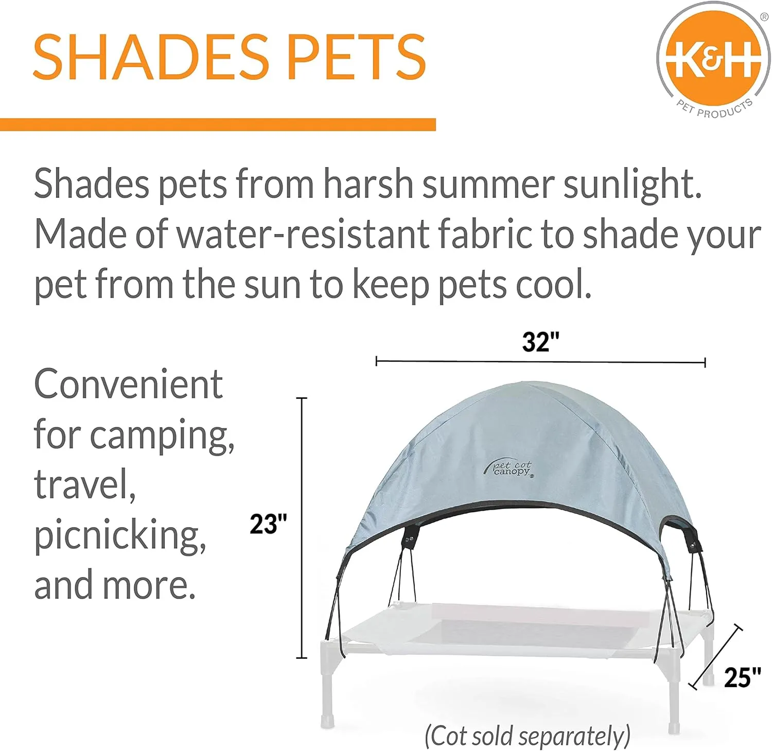 K&H Pet Products Outdoor Elevated Dog Cot Canopy, Cooling Sun Tent Shades Pets, Washable, Water-Resistant, Designed to Fit K&H Medium Elevated Dog Cots (Sold Separately) - Medium 32 X 25in Gray