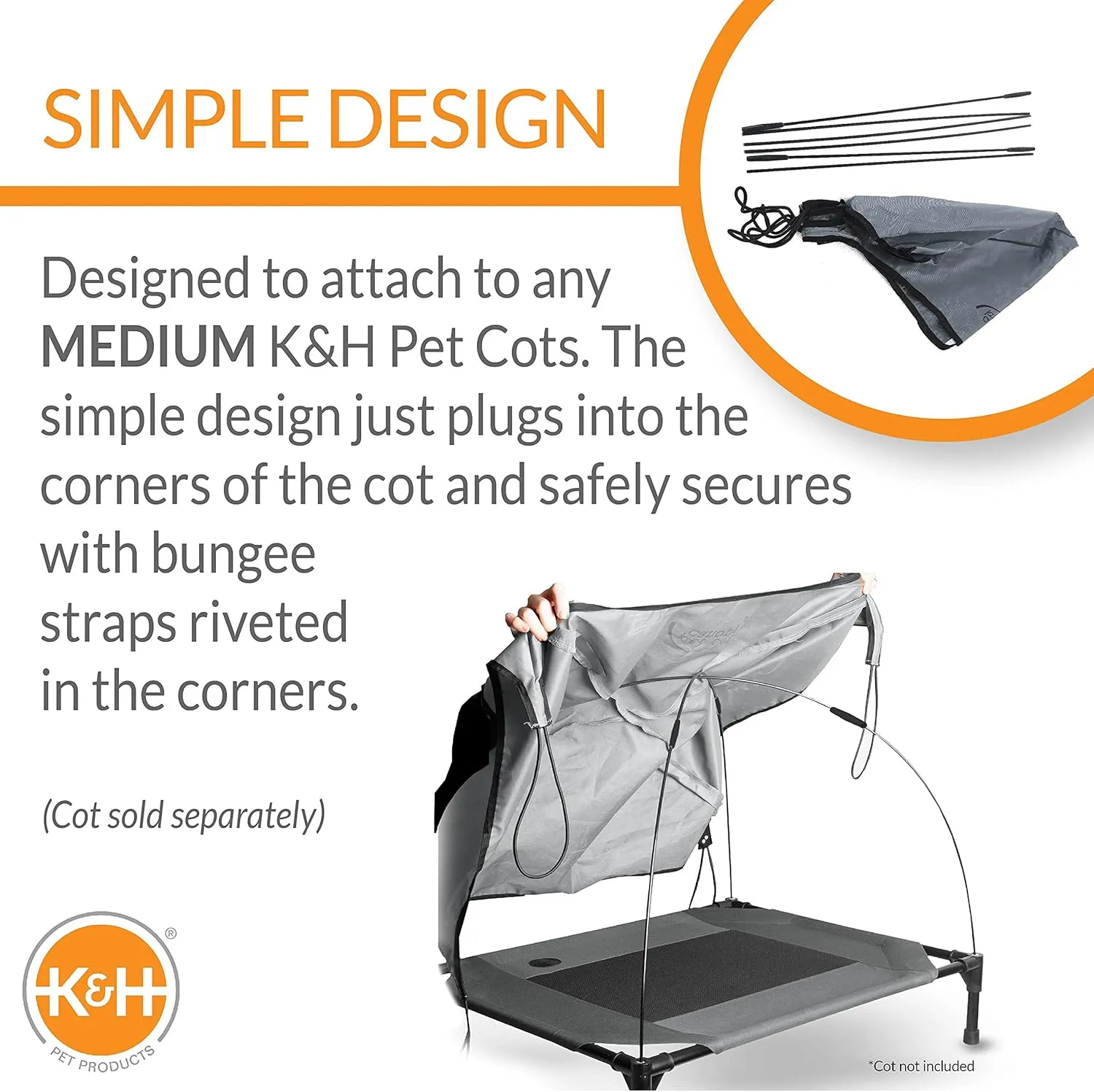 K&H Pet Products Outdoor Elevated Dog Cot Canopy, Cooling Sun Tent Shades Pets, Washable, Water-Resistant, Designed to Fit K&H Medium Elevated Dog Cots (Sold Separately) - Medium 32 X 25in Gray
