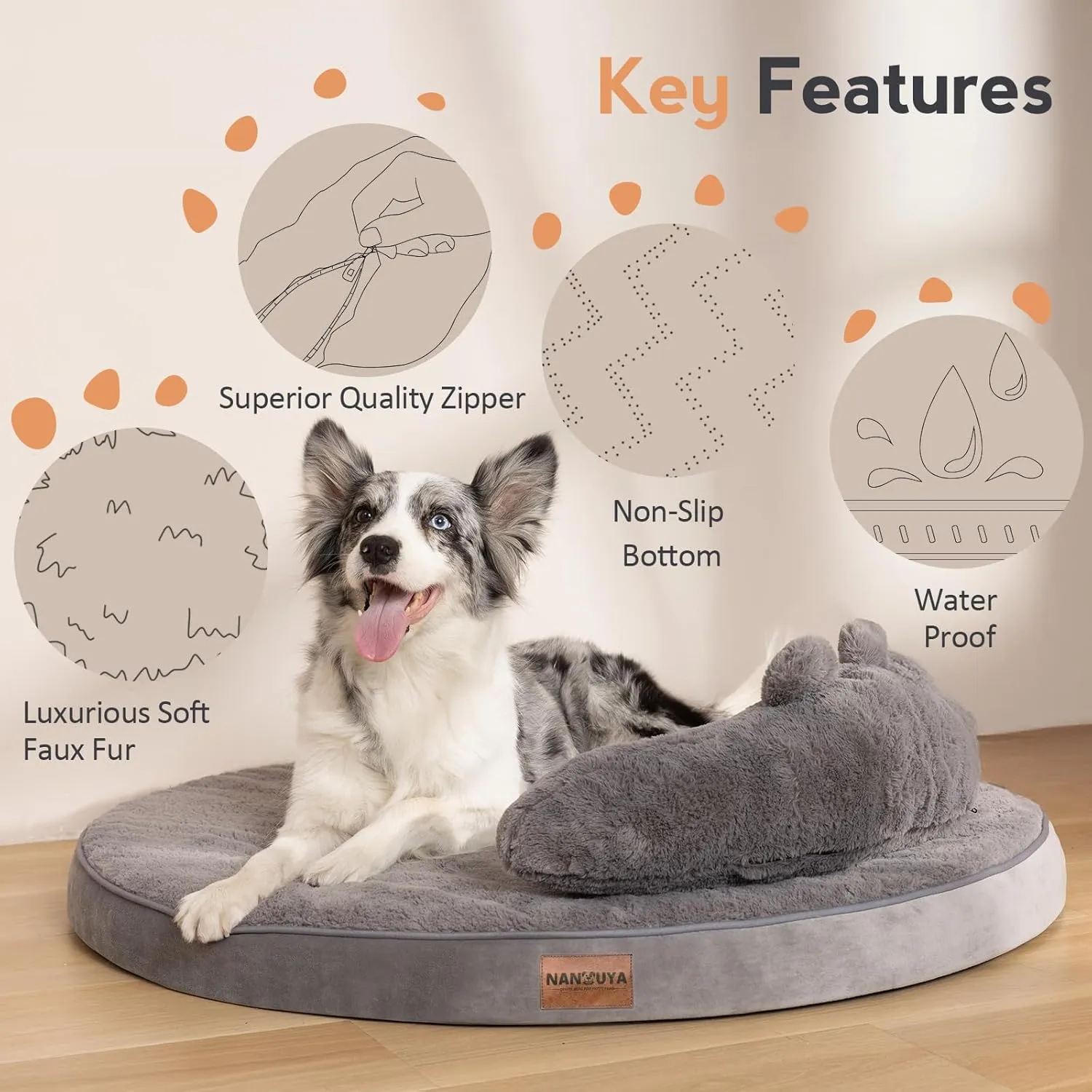 Large Dog Bed - Orthopedic Dog Beds for Extra Large Dogs with Washable Removable Cover Waterproof Pet Beds with Pillow - Light Gray