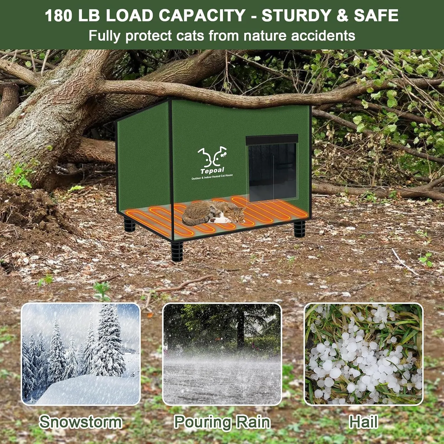 Large Indestructible Heated Cat House for Outside, Extremely Waterproof & Weatherproof Heated Outdoor Cat House for Winter, Fully Insulated Feral Cat Shelter for Outdoor Barn Cats Strays, 20x16x20 in