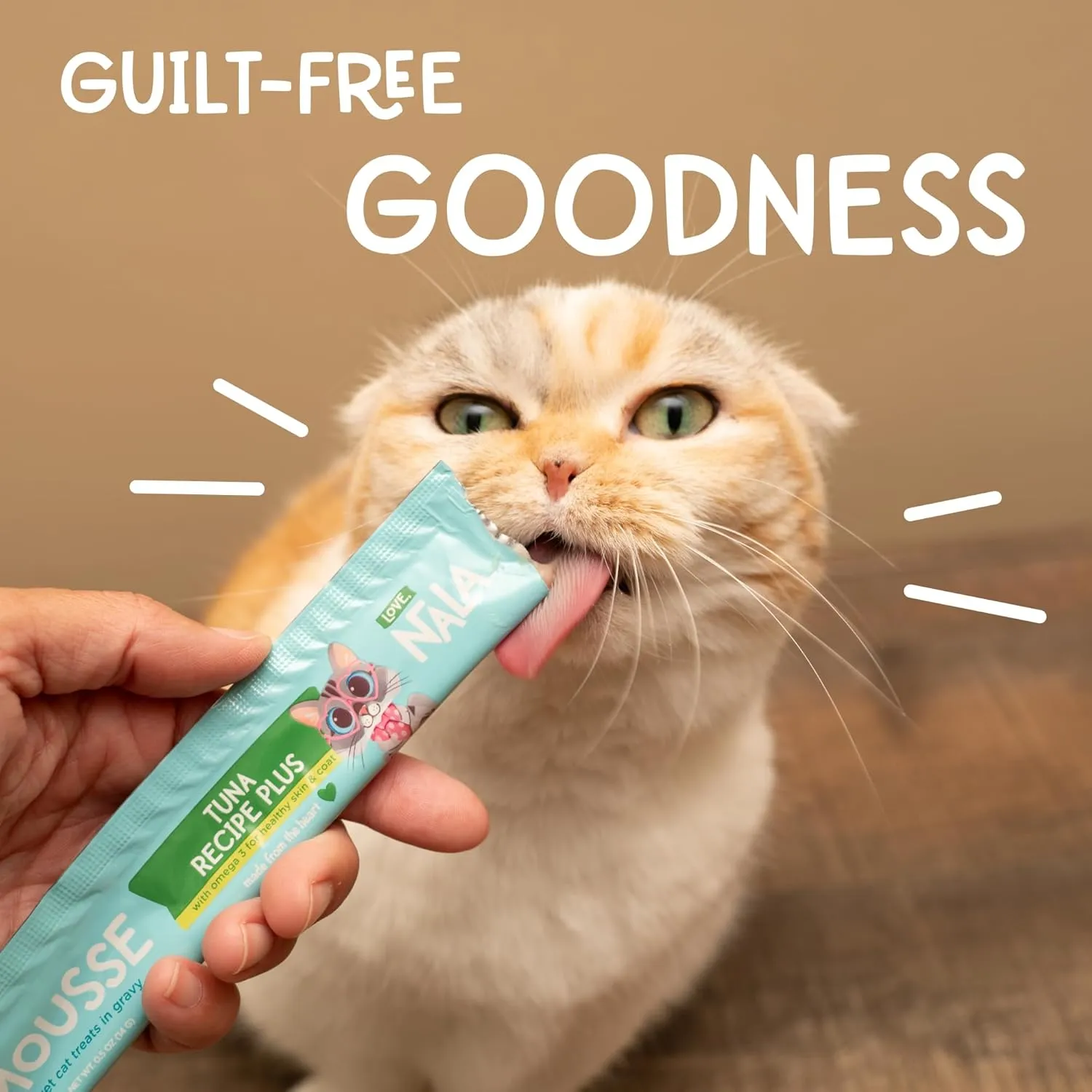 LOVE, NALA - Skin & Coat Health - Tuna & Salmon Plus Collagen Mousse - Lickable Cat Squeeze Up Wet Food Puree Treat, Topper - Grain Free, Fiber, Minerals, Vitamins - 4 Pack 2 oz.