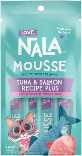 LOVE, NALA - Skin & Coat Health - Tuna & Salmon Plus Collagen Mousse - Lickable Cat Squeeze Up Wet Food Puree Treat, Topper - Grain Free, Fiber, Minerals, Vitamins - 4 Pack 2 oz.