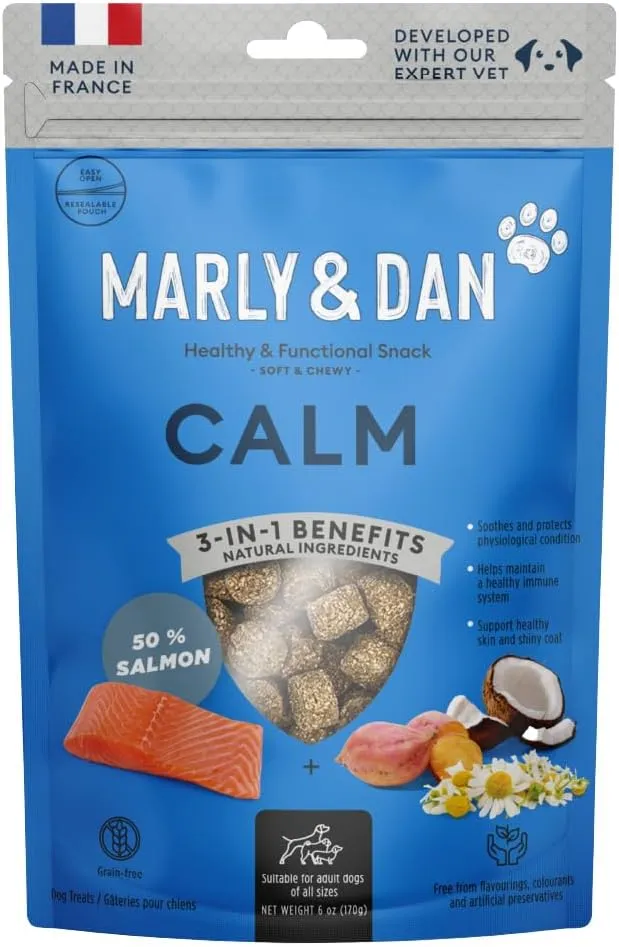 Marly & Dan Tasty and Healthy Salmon Dog Treats with Chamomile and Sweet Potato, Calming Recipe, Irresistible Flavor Dogs Adore, 6-oz Bag