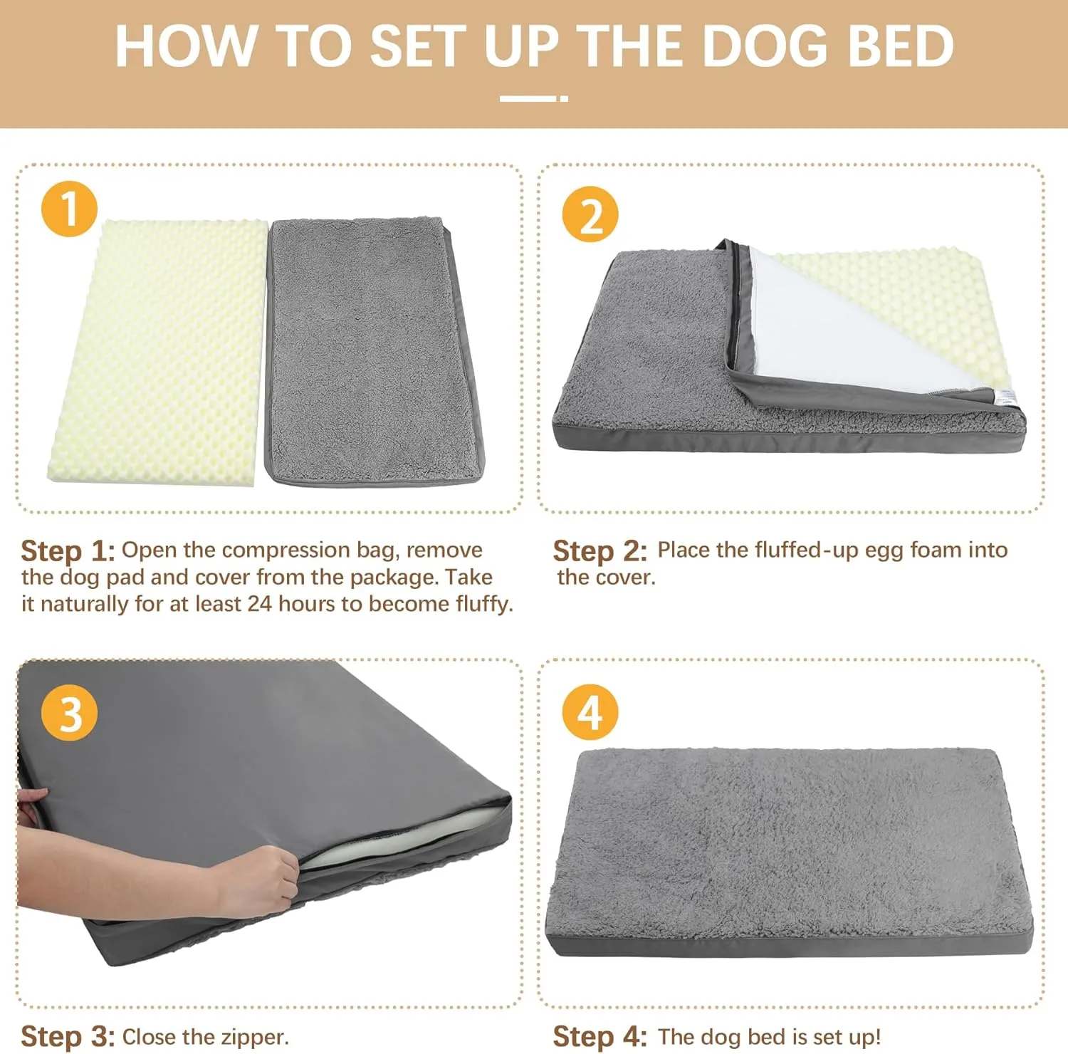 MIHIKK XL Dog Bed Waterproof Dog Beds Large Sized Dog Orthopedic Crate Bed with Removable Washable Cover Egg-Crate Foam Pet Pad Mat with Anti-Slip Bottom, 47 x 29 Inch, Dark Grey