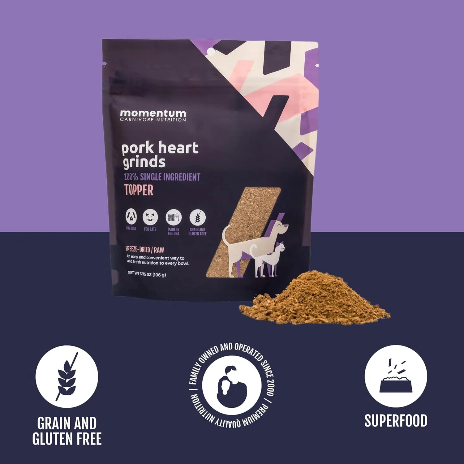 Momentum Carnivore Nutrition Freeze-Dried Pork Heart Pet Food Topper  Single-Ingredient, All-Natural Topper  High-Protein for Dogs and Cats, Grain-Free and Made in The USA (3.75 oz Bag)