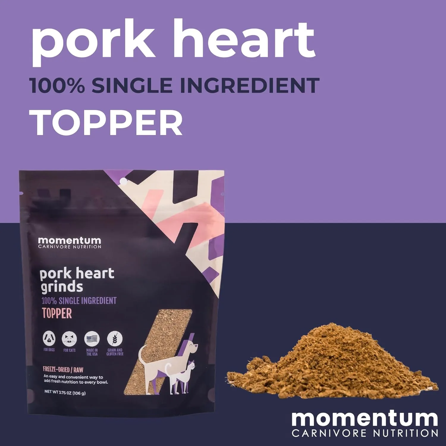 Momentum Carnivore Nutrition Freeze-Dried Pork Heart Pet Food Topper  Single-Ingredient, All-Natural Topper  High-Protein for Dogs and Cats, Grain-Free and Made in The USA (3.75 oz Bag)