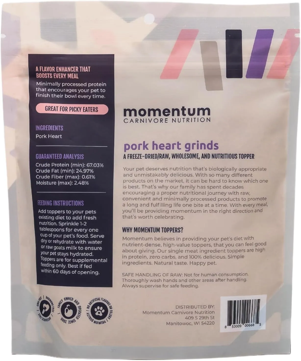Momentum Carnivore Nutrition Freeze-Dried Pork Heart Pet Food Topper  Single-Ingredient, All-Natural Topper  High-Protein for Dogs and Cats, Grain-Free and Made in The USA (3.75 oz Bag)