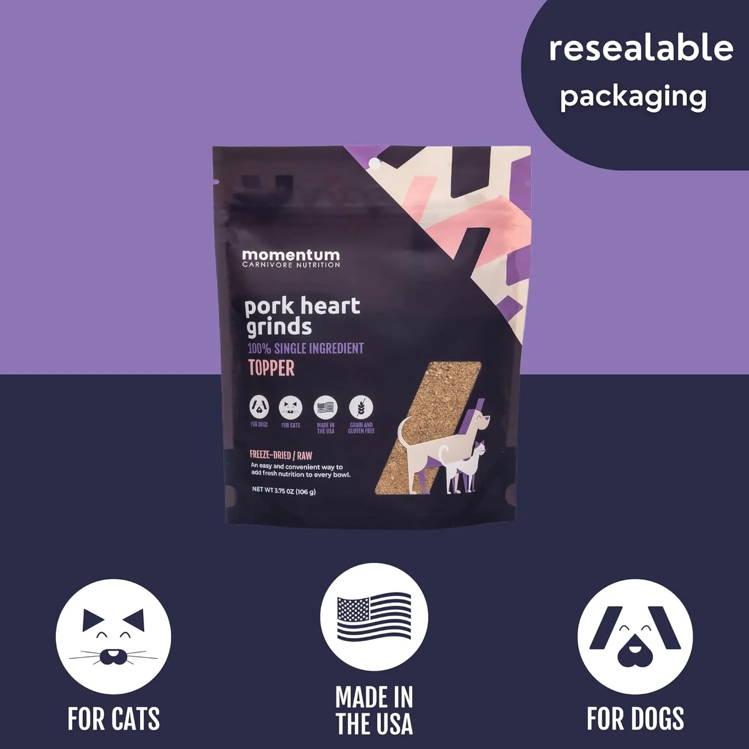 Momentum Carnivore Nutrition Freeze-Dried Pork Heart Pet Food Topper  Single-Ingredient, All-Natural Topper  High-Protein for Dogs and Cats, Grain-Free and Made in The USA (3.75 oz Bag)