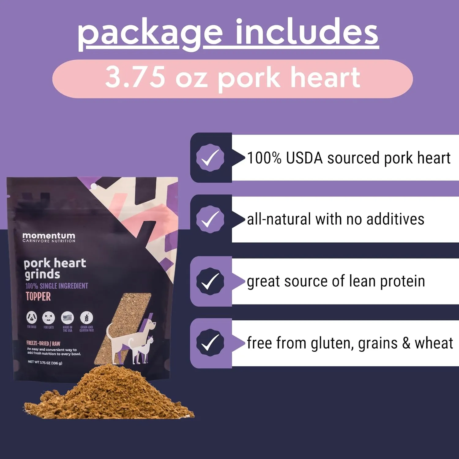 Momentum Carnivore Nutrition Freeze-Dried Pork Heart Pet Food Topper  Single-Ingredient, All-Natural Topper  High-Protein for Dogs and Cats, Grain-Free and Made in The USA (3.75 oz Bag)