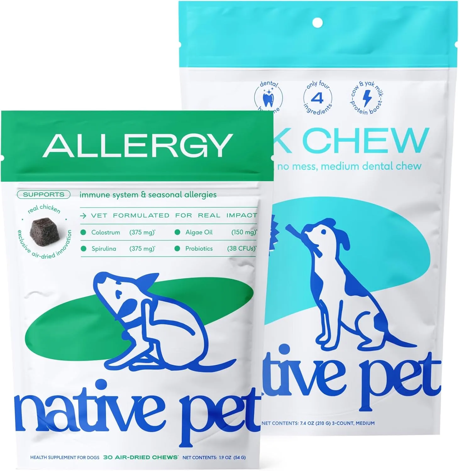 Native Pet Allergy Chews (30 Air-Dried Chews) & Yak Chew (3 Medium Chews) - All Natural Dental Sticks Made with Yak Cheese - Soothing Itchy Skin & Digestive Support