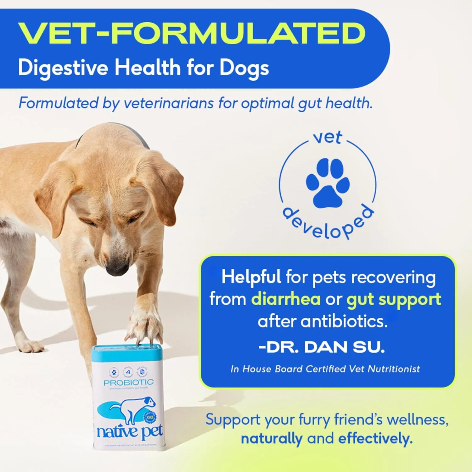 Native Pet Probiotics for Dogs - Dog Probiotics Powder for Digestive Health, Gut Support, & Immune Boost  Vet-Formulated Powder for Maximum Potency with Digestive Enzymes & Prebiotics - 30 Scoops