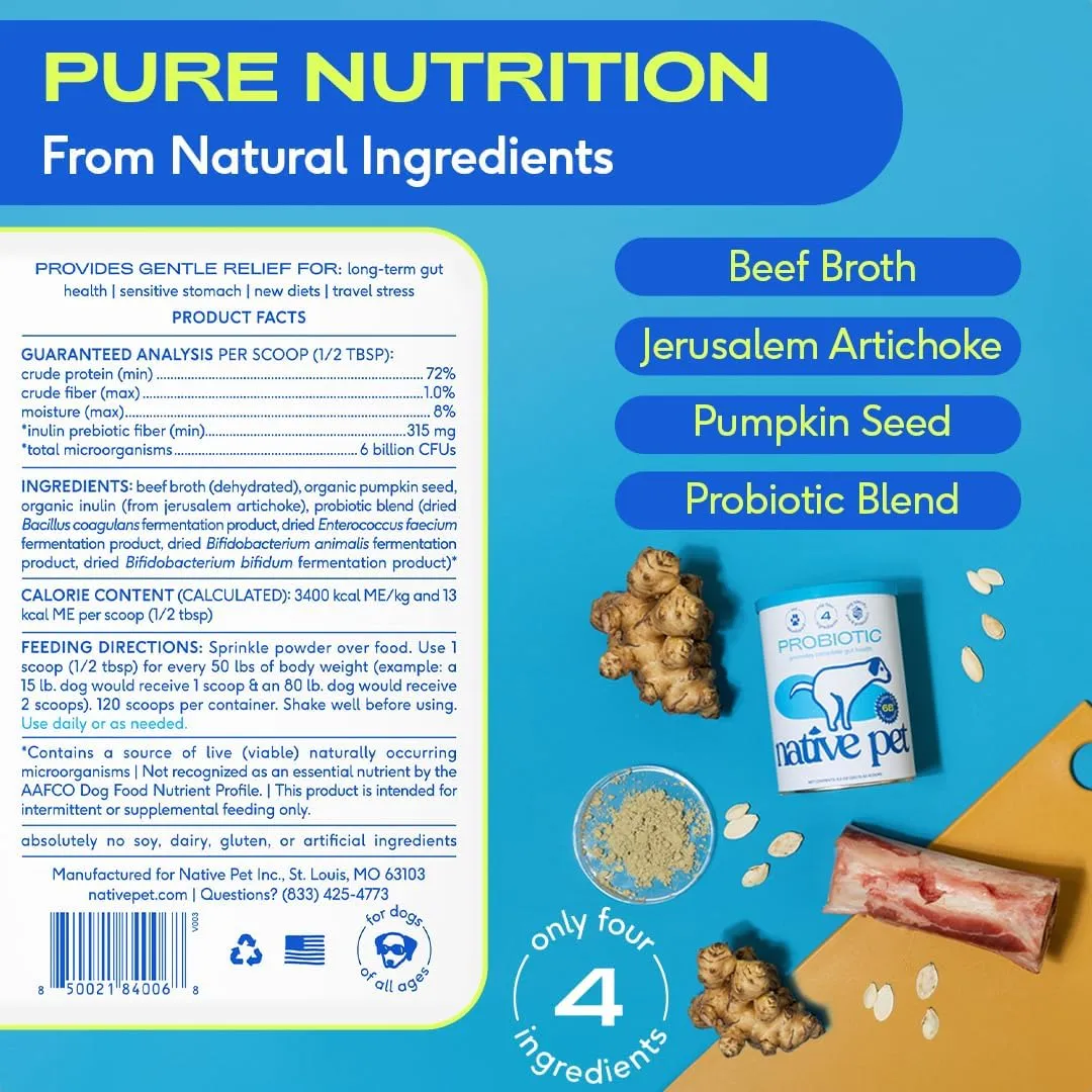 Native Pet Probiotics for Dogs - Dog Probiotics Powder for Digestive Health, Gut Support, & Immune Boost  Vet-Formulated Powder for Maximum Potency with Digestive Enzymes & Prebiotics - 30 Scoops