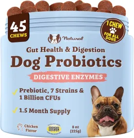 Natural Dog Company Probiotic Chews for Dogs,Gut Health, Digestive & Diarrhea Support, Prebiotics, Enzymes, Immune System & Allergy Relief, 1 Chew Daily for All Dogs, 1.5 Mnth Supply, USA Made (45 Ct)