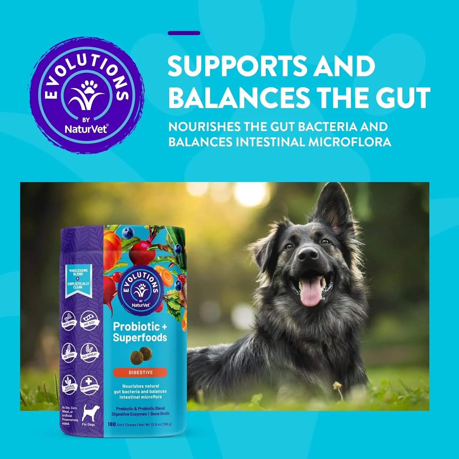 NaturVet Evolutions Probiotic & Superfoods 180ct Soft Chews for Dogs - Prebiotic & Probiotic Blend, Digestive Enzymes, Bone Broth, Omega's - Nourishes Natural Gut Bacteria and Intestinal Microflora