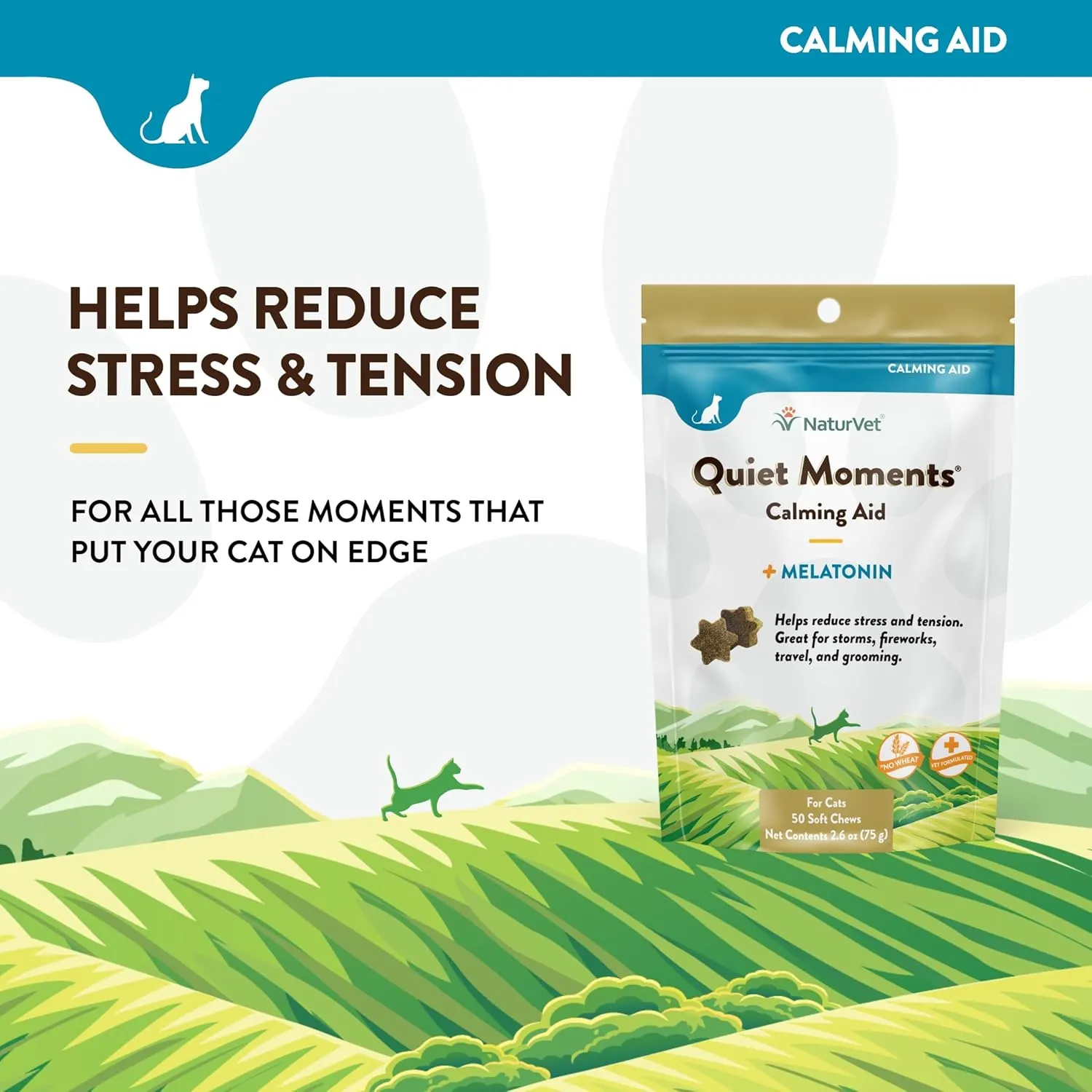 NaturVet Quiet Moments Calming Aid Cat Supplement Plus Melatonin  Helps Reduce Stress in Cats  for Pet Storm Anxiety, Motion Sickness, Grooming, Separation, Travel  50 Ct. Soft Chews