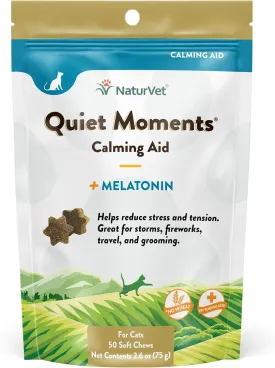 NaturVet Quiet Moments Calming Aid Cat Supplement Plus Melatonin  Helps Reduce Stress in Cats  for Pet Storm Anxiety, Motion Sickness, Grooming, Separation, Travel  50 Ct. Soft Chews