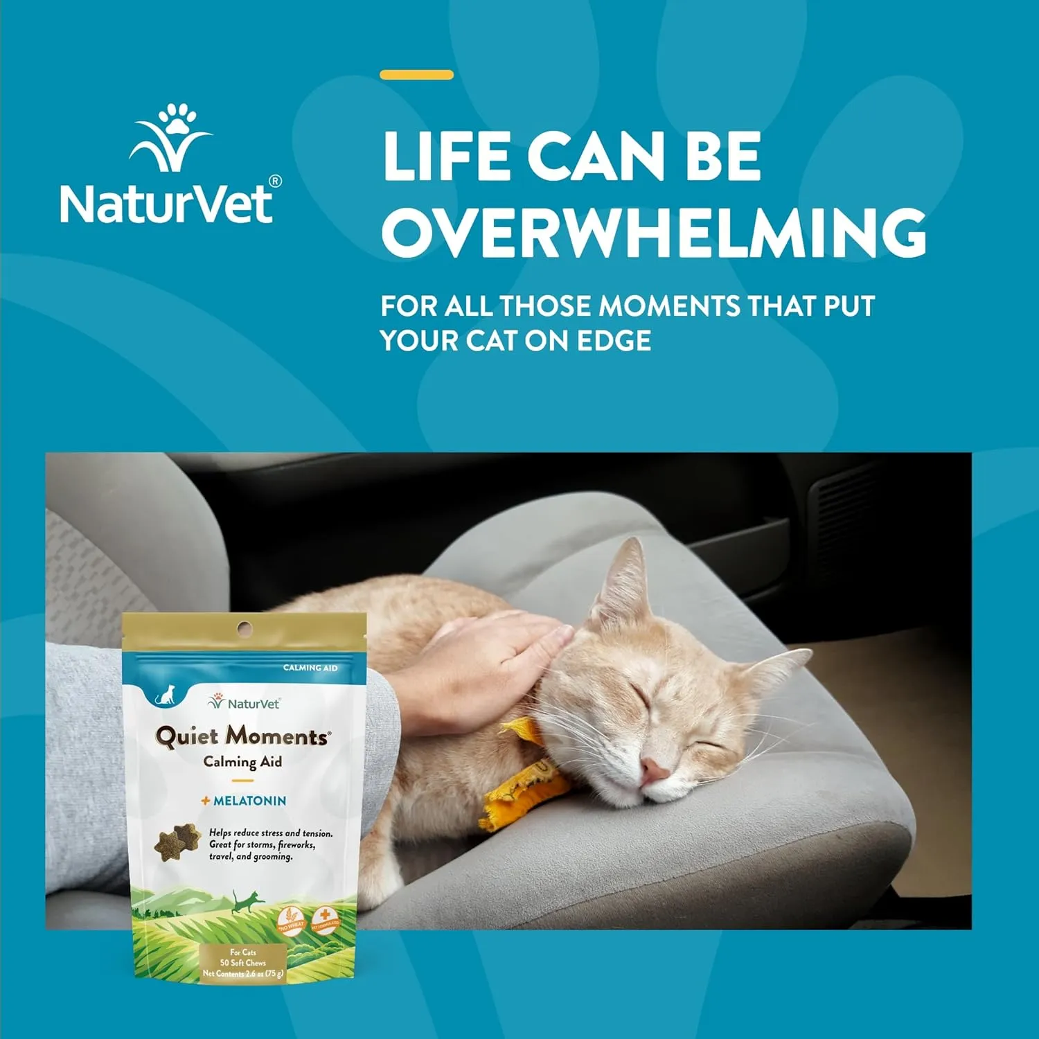 NaturVet Quiet Moments Calming Aid Cat Supplement Plus Melatonin  Helps Reduce Stress in Cats  for Pet Storm Anxiety, Motion Sickness, Grooming, Separation, Travel  50 Ct. Soft Chews