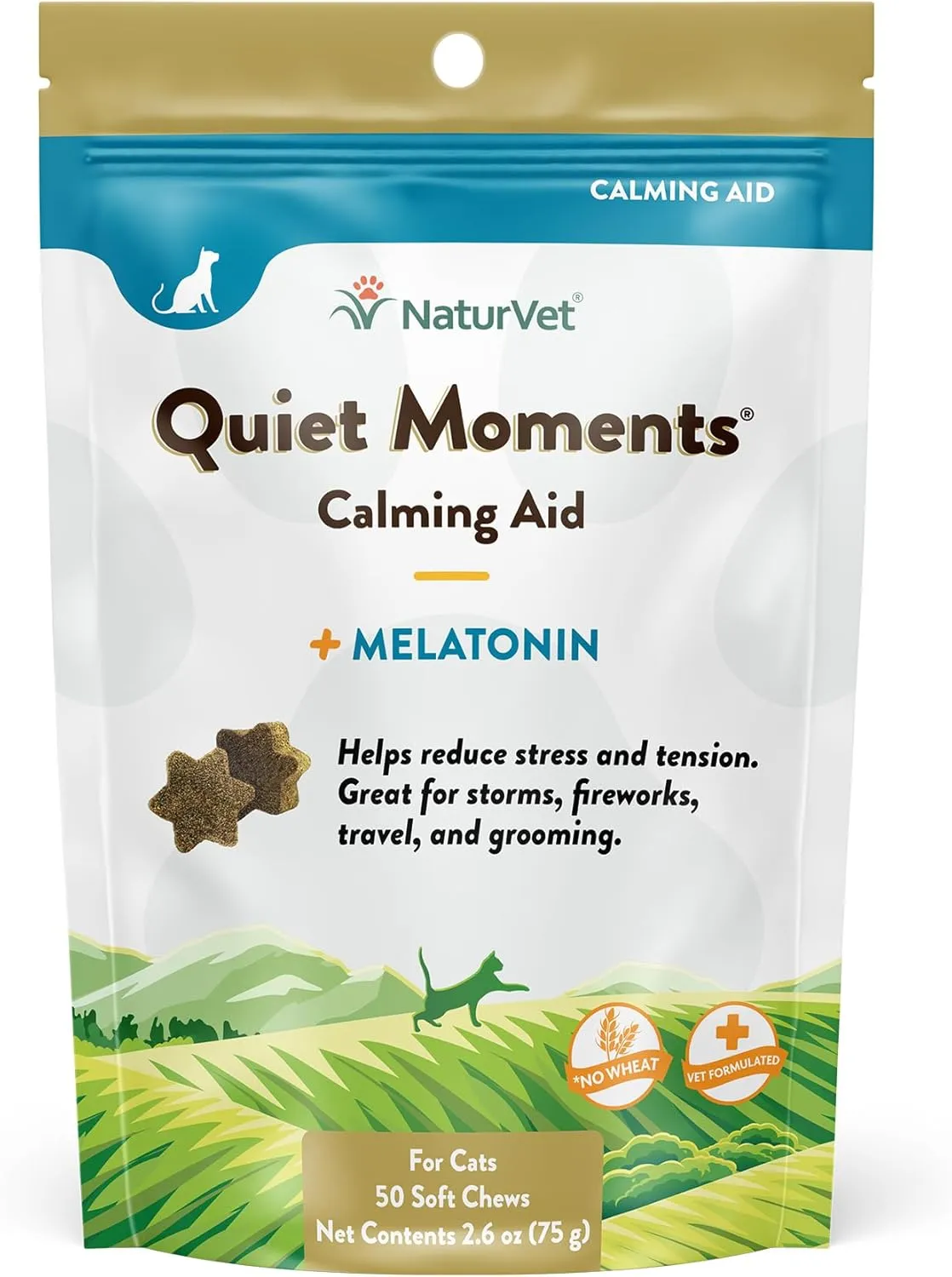 NaturVet Quiet Moments Calming Aid Cat Supplement Plus Melatonin  Helps Reduce Stress in Cats  for Pet Storm Anxiety, Motion Sickness, Grooming, Separation, Travel  50 Ct. Soft Chews