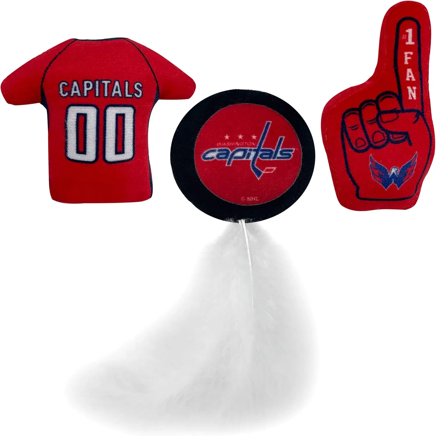 NHL WASHINGTON CAPITALS Plush Cat Toys Set - 3 Piece, Filled with Fresh Catnip. Includes: Jersey, Hockey Puck with Feathers & #1 Fan. Team Logo