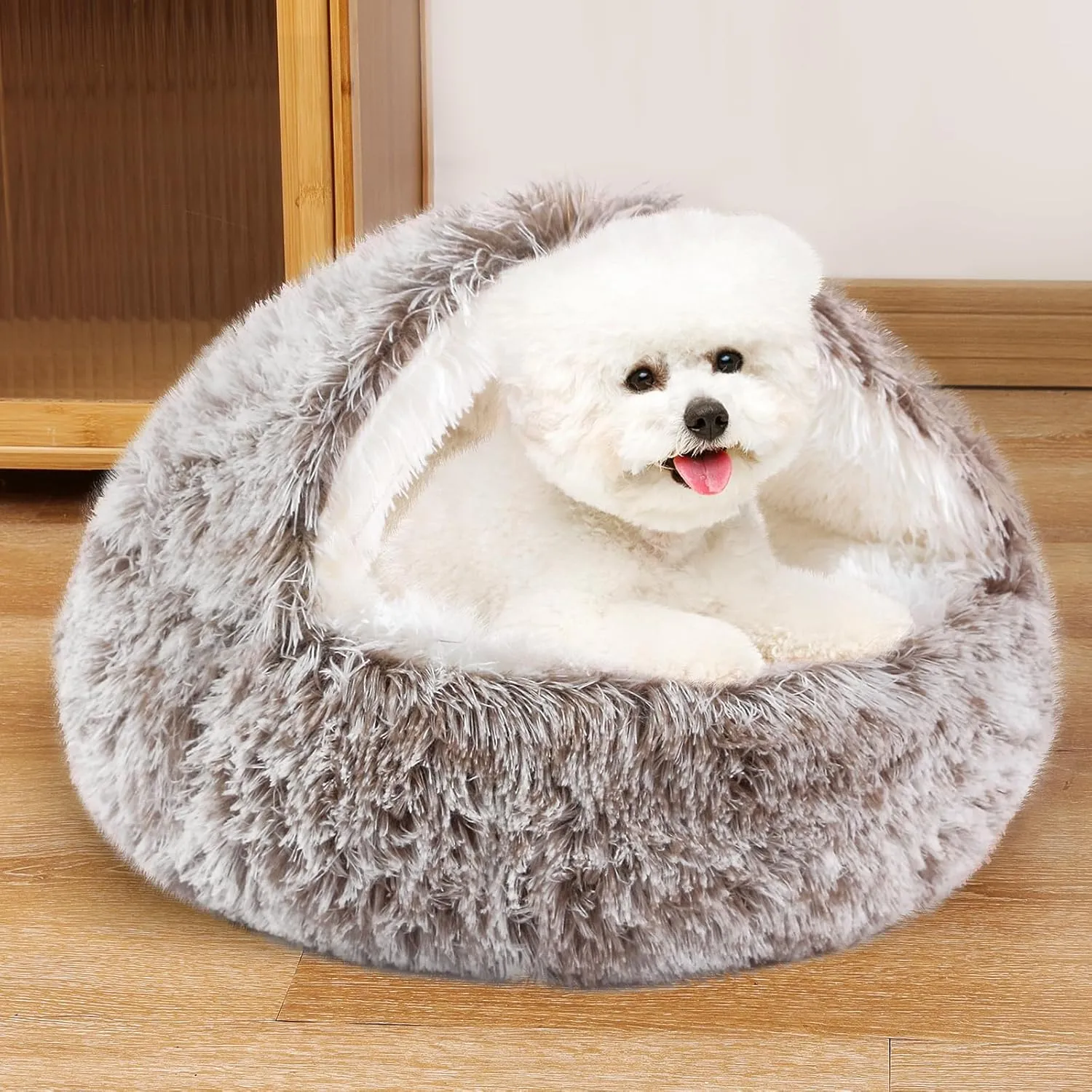 NOYAL Round Hooded Donut Dog Bed for Small & Medium Pets - Plush Fluffy Anti-Anxiety Cat Cave Bed with Cover